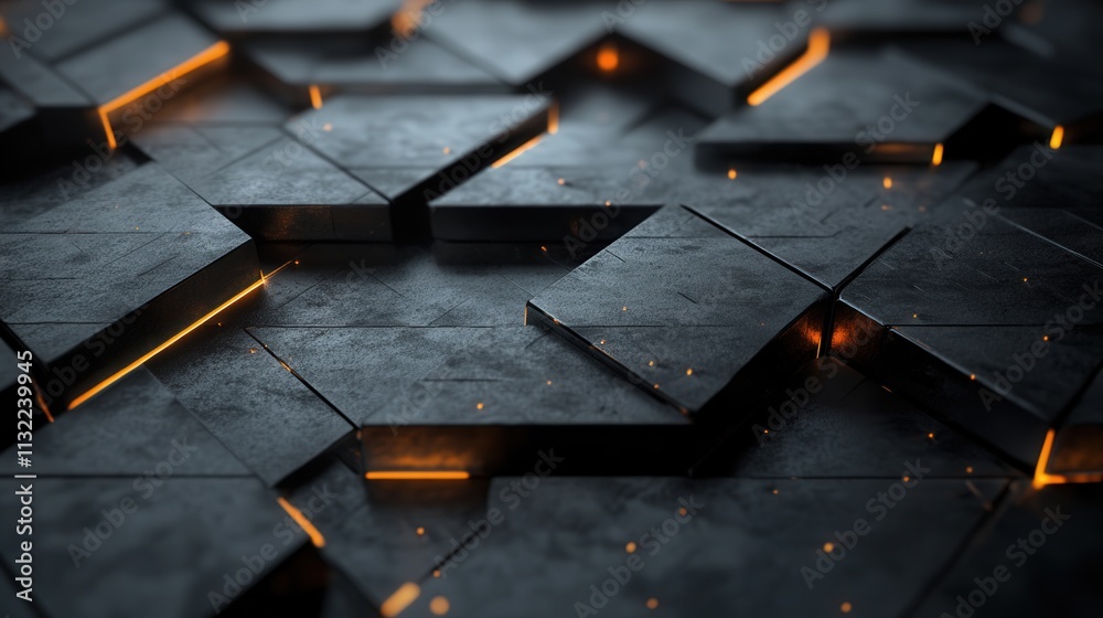 Aufkleber design a futuristic, high-tech background with a dark color palette, featuring triangular blocks tha