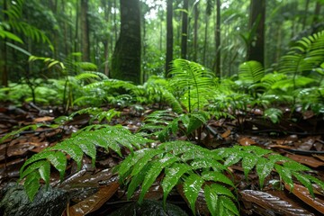 Obraz premium Lush Green Ferns on a Forest Floor with Sunlight Filtering Through the Canopy