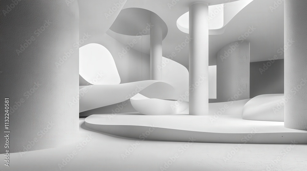 Poster design a sophisticated 3d scene with a light white background and floating abstract shapes. the ambi