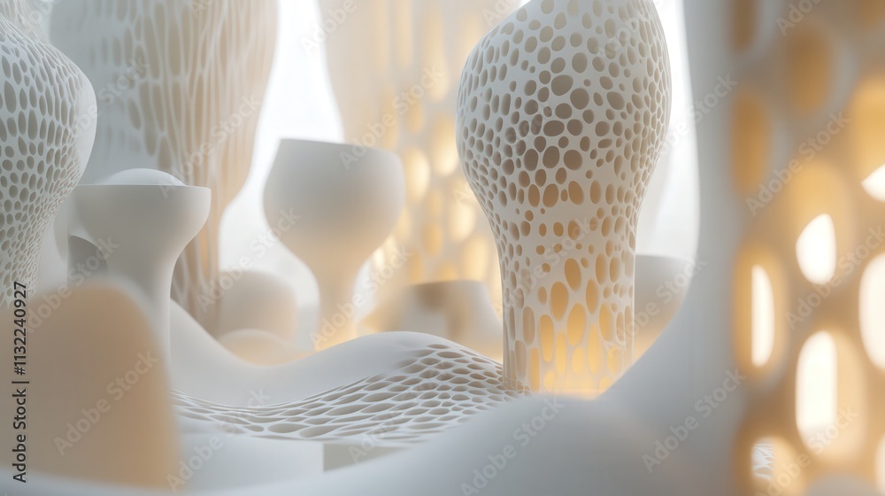 Poster design an abstract, light-filled background in 3d, where floating shapes of various sizes and styles