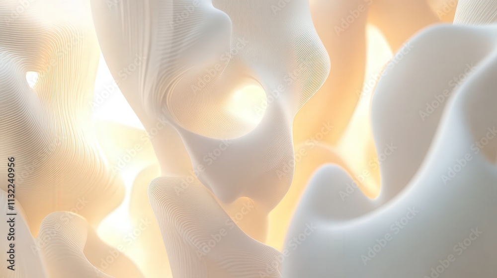 Poster design an abstract, light-filled background in 3d, where floating shapes of various sizes and styles