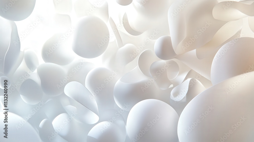 Poster design an abstract, light-filled background in 3d, where floating shapes of various sizes and styles