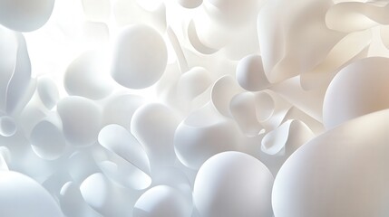 Design an abstract, light-filled background in 3D, where floating shapes of various sizes and styles hover in a soft, ambient glow.