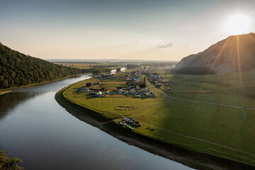 The Southern Urals, a tourist camp on the Zilim River near the village of Tash-Asty. Aerial view.