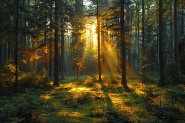 Fototapeta premium Sunbeams Illuminating a Forest Clearing at Dawn