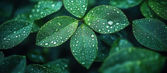 Fototapeta premium Dewdrops on lush green leaves, close-up.
