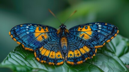 Obraz premium Vibrant blue and orange butterfly perched on a green leaf.