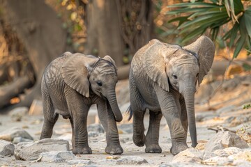 Fototapeta premium Two Baby Elephants Walking Through a Rocky Landscape