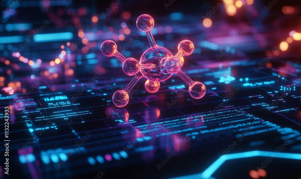 Poster A digital representation of a molecular structure on a futuristic interface.