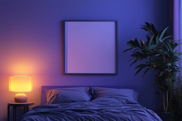 Blank picture frame on the wall in a bedroom setting, perfect for artwork or photo mockups.