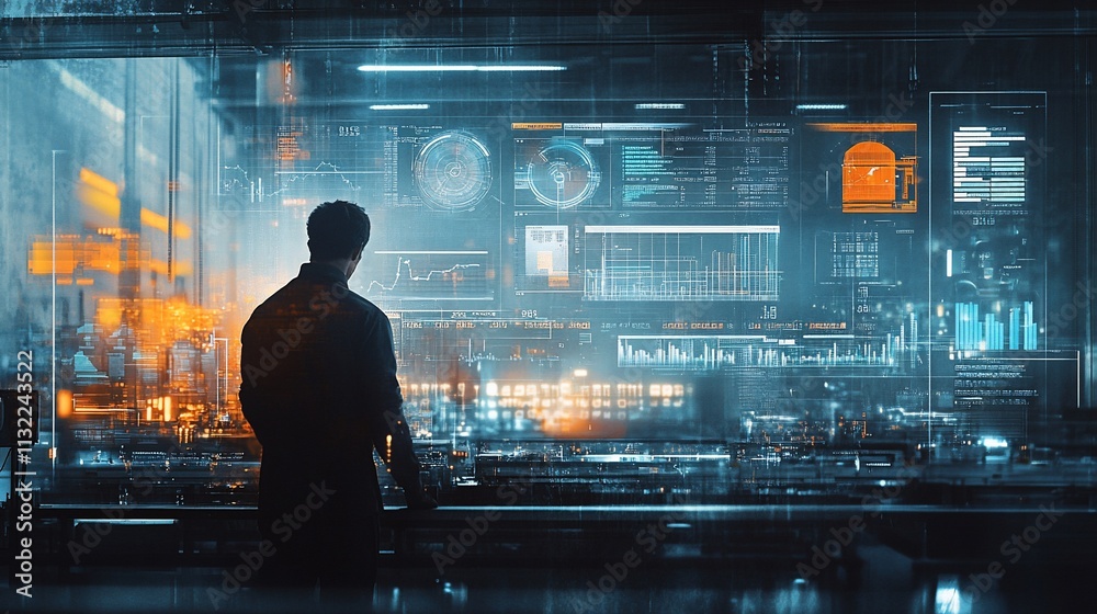 Poster A figure stands before a futuristic digital interface displaying data.