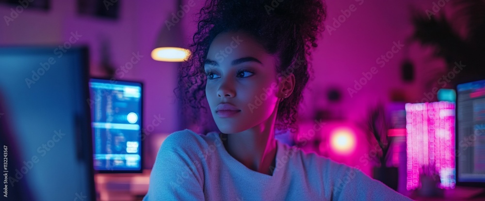 Poster a focused individual in a modern workspace illuminated by colorful lights.