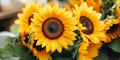 Fototapeta premium Stunning yellow sunflower blooms radiate beauty, showcasing vibrant sunflower flowers that capture the essence of nature s elegance in stunning arrangements of golden sunflower flowers.