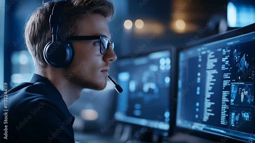 Poster a focused individual wearing a headset works at dual computer monitors.