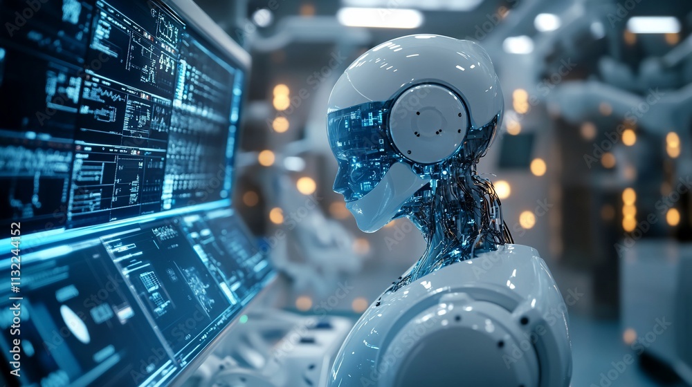 Aufkleber a futuristic robotic figure interacting with advanced technology displays.