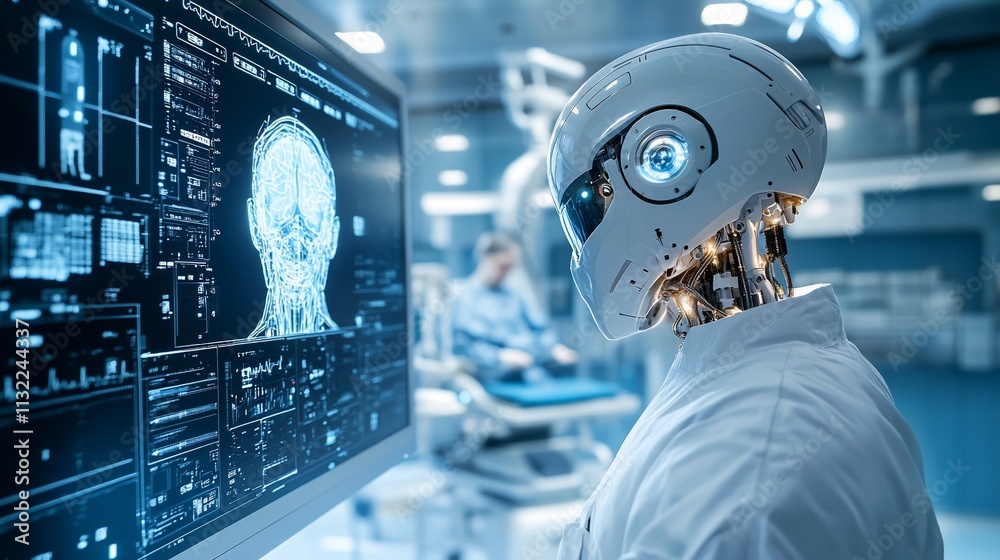 Aufkleber A futuristic robot analyzing data on a digital screen in a lab environment.