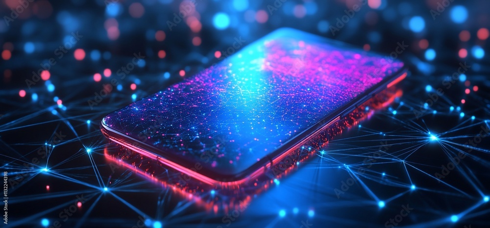 Poster a glowing smartphone surrounded by a network of colorful particles.