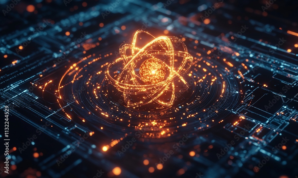 Poster a glowing atom model surrounded by a digital circuit background.
