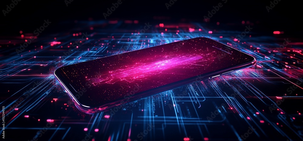 Poster a glowing smartphone on a digital circuit background, symbolizing technology.