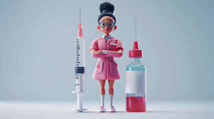 3D Cartoon Doctor with Syringe and Vial