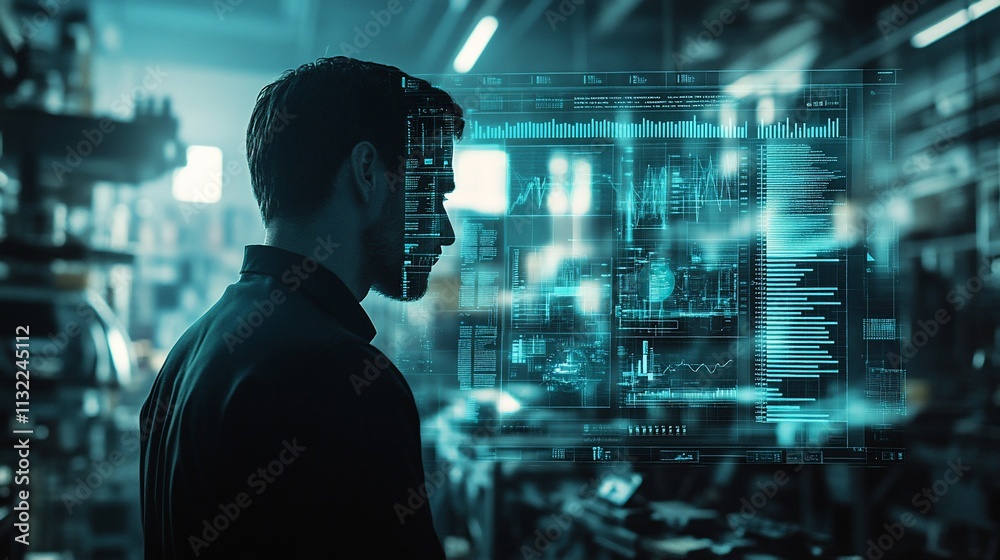 Aufkleber A man interacts with digital data in a high-tech environment.