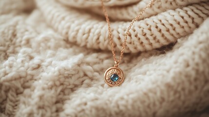 A detailed shot of a handcrafted, personalized jewelry piece, such as a necklace with a birthstone and initial charm, laid on a soft, textured surface 