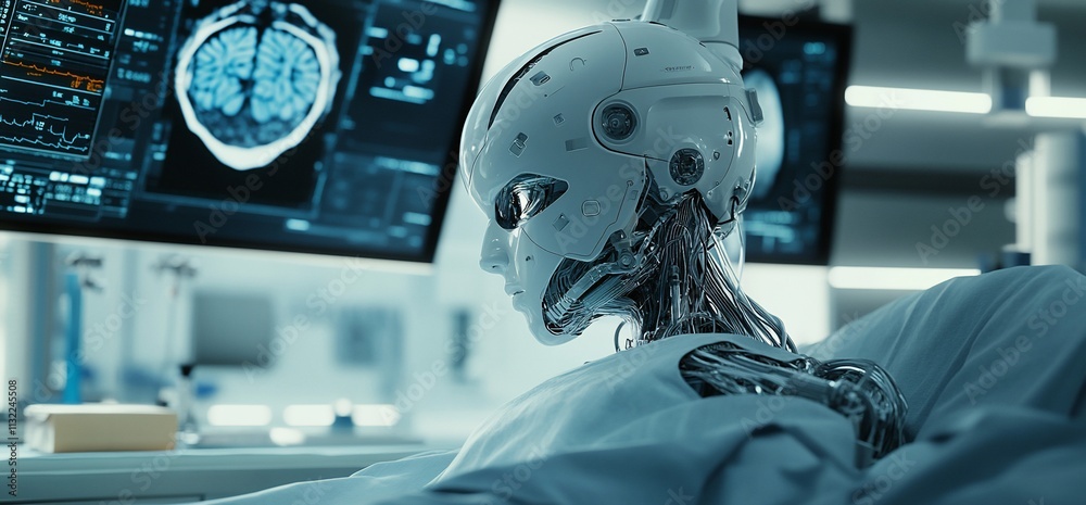 Poster a humanoid robot in a medical setting, monitoring brain activity on screens.