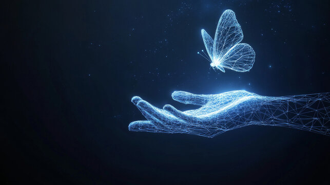 Futuristic freedom, tranquility, spirituality concept with glowing low polygonal hand and flying butterfly isolated on dark blue background. Modern wire frame mesh design vector illustration. 