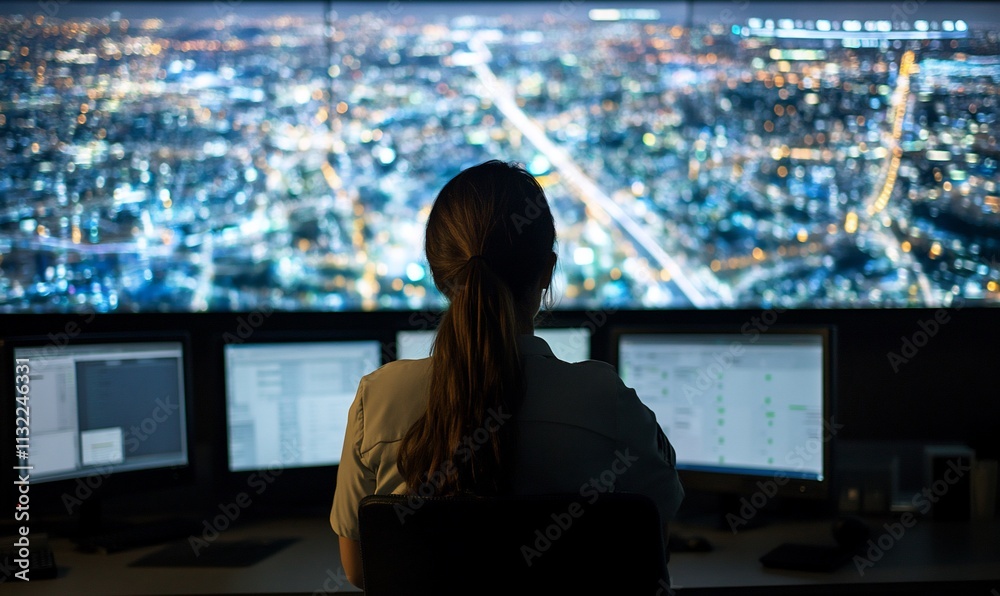 Poster A person monitors a cityscape from a control room with multiple screens.