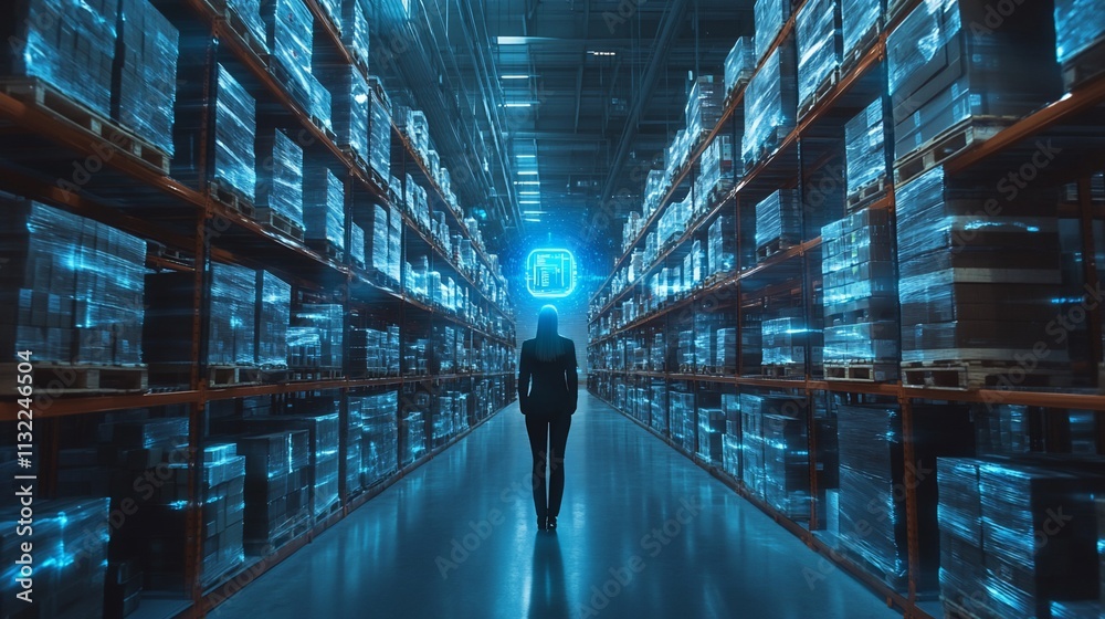 Poster a person walking through a high-tech warehouse filled with stacked pallets.
