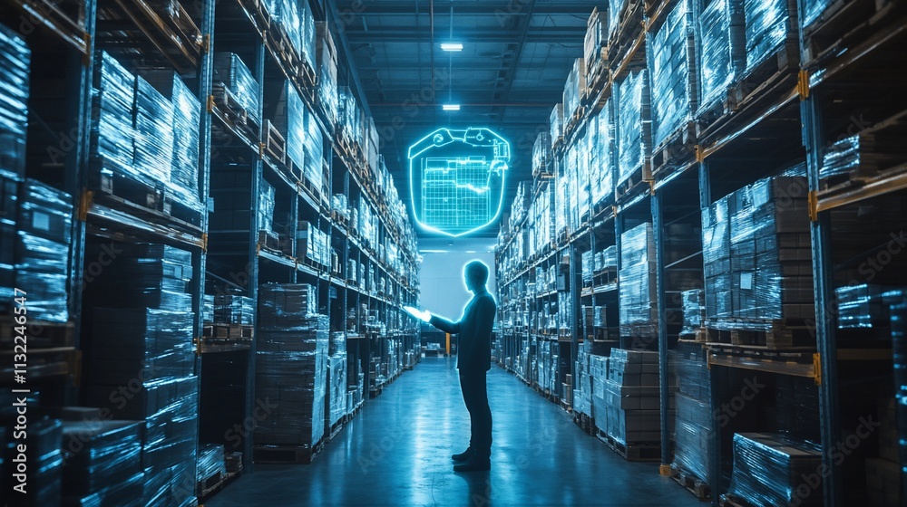 Poster A person analyzing data in a high-tech warehouse environment.