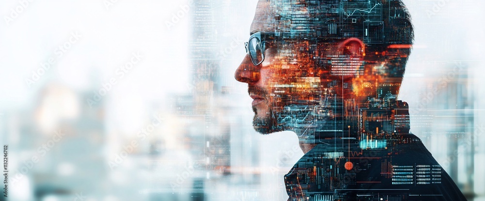 Poster a profile of a man with a digital overlay, symbolizing technology and innovation.