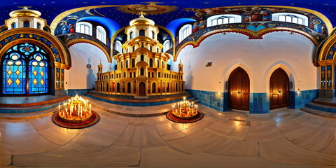 Obraz premium Full 360 degrees seamless spherical panorama HDRI equirectangular projection of A Orthodox Church with golden domes. Texture environment map for lighting and reflection source rendering 3d scenes.