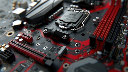 Fototapeta premium Close-up view of a computer motherboard with intricate circuit board design and components.