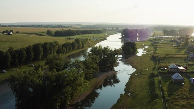 The Southern Urals, a tourist camp on the Zilim River near the village of Tash-Asty. Aerial view.