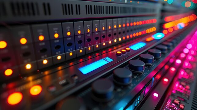 Close-up view of a high-tech audio equipment rack with glowing lights and controls.  Rows of colorful LED lights illuminate the buttons and knobs of a professional audio mixing console.