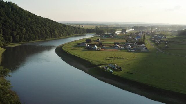 The Southern Urals, a tourist camp on the Zilim River near the village of Tash-Asty. Aerial view.