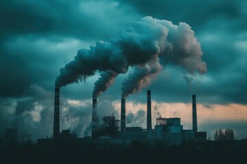 Industrial pollution smoke billowing from old factory chimneys urban environment photograph gloomy sky environmental impact on community health and ecosystem