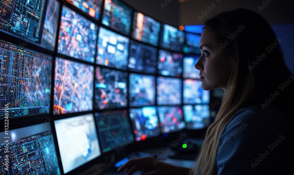 Poster A woman monitors multiple screens displaying complex data and graphics.