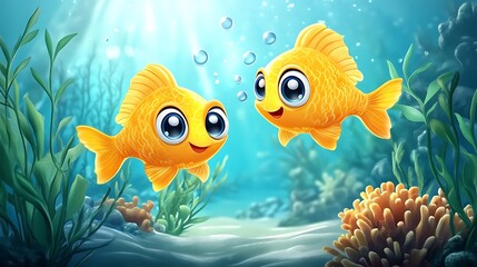 Fototapeta premium Cute cartoon goldfish in vibrant underwater scene with bubbles picture