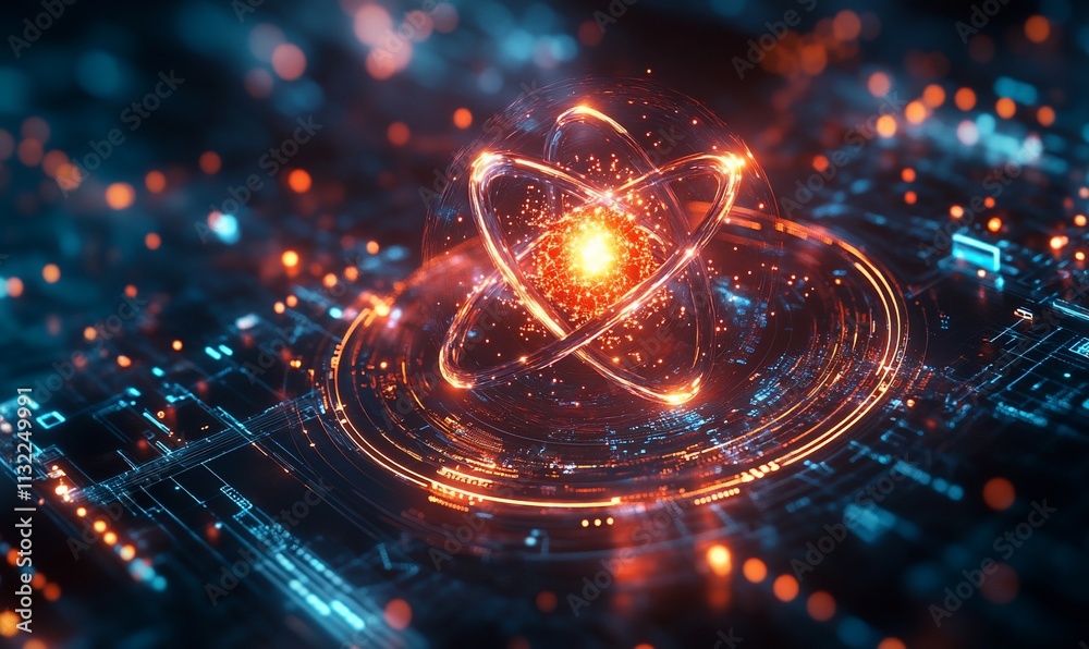 Poster Abstract representation of an atom with glowing particles and digital elements.