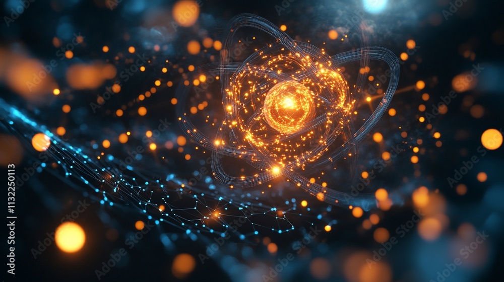 Poster Abstract representation of atomic structure with glowing particles and connections.