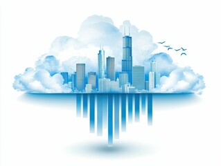 Fototapeta premium Modern city skyline illustrated with clouds, reflections and abstract design elements in blue tones
