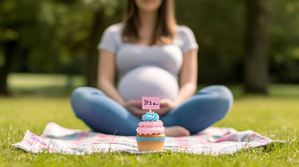 Nestled on a soft blanket in a tranquil park, a pregnant woman sits cross-legged, gently cradling her belly, while savoring a colorful cupcake that announces the joyous news