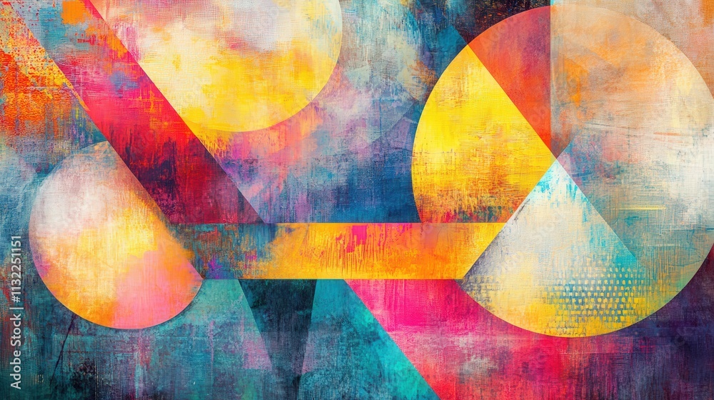 Poster imagine a colorful abstract mixed media design where geometric shapes like circles, triangles, and r
