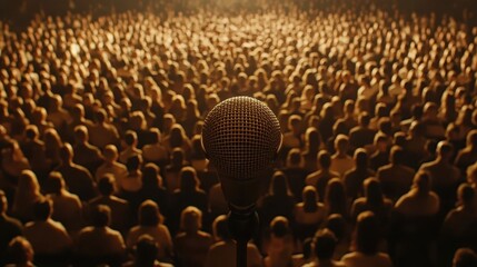 Obraz premium Microphone as focal point in front of attentive audience focus on anticipation ethereal Manipulation presentation room