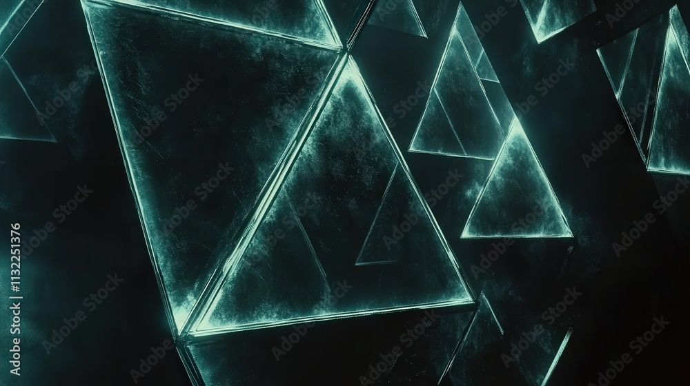 Poster imagine a dark futuristic background where triangular blocks build an intricate, high-tech structure