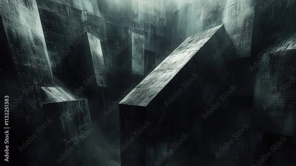 Aufkleber Imagine a dark futuristic background where triangular blocks build an intricate, high-tech structure.