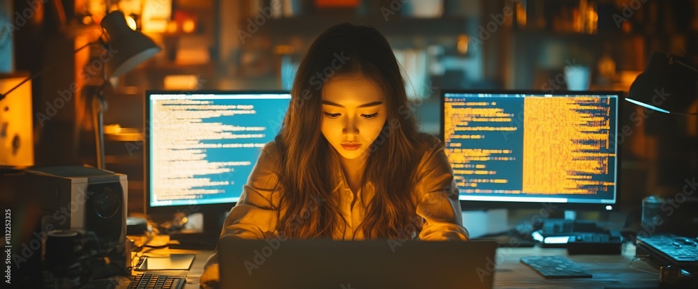 Poster Focused female programmer coding late at night.