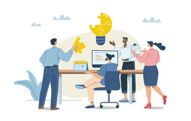 Business brainstorming, Business team meeting to brainstorm and holding light bulb puzzle pieces, Company employees sharing thoughts and ideas, Teamwork concept. Vector design illustration.